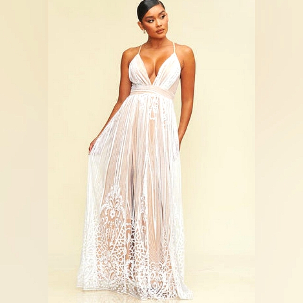 NWT LUXXEL nude white glitter overlay maxi dress, Large